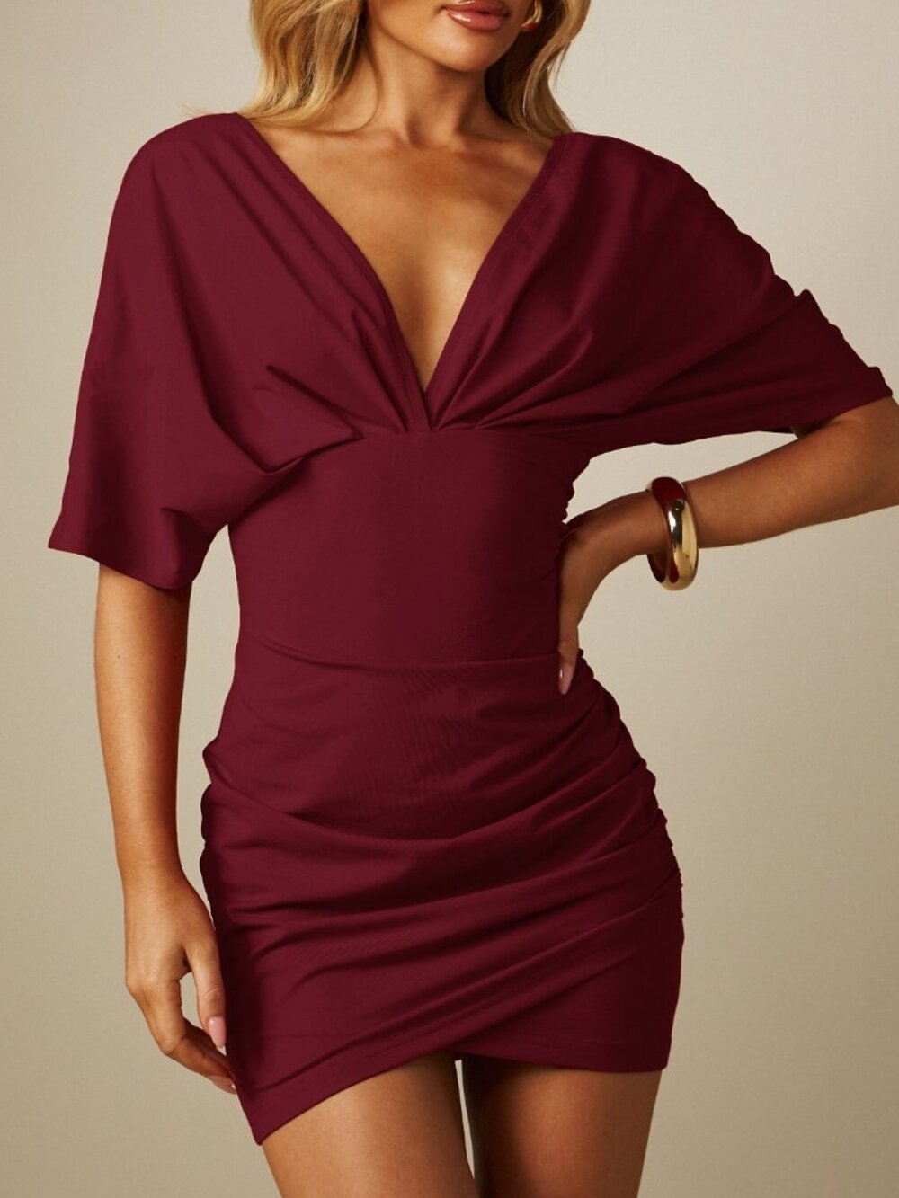 Burgundy Elegant Women's Deep V-Neck Batwing Sleeve Mini Dress